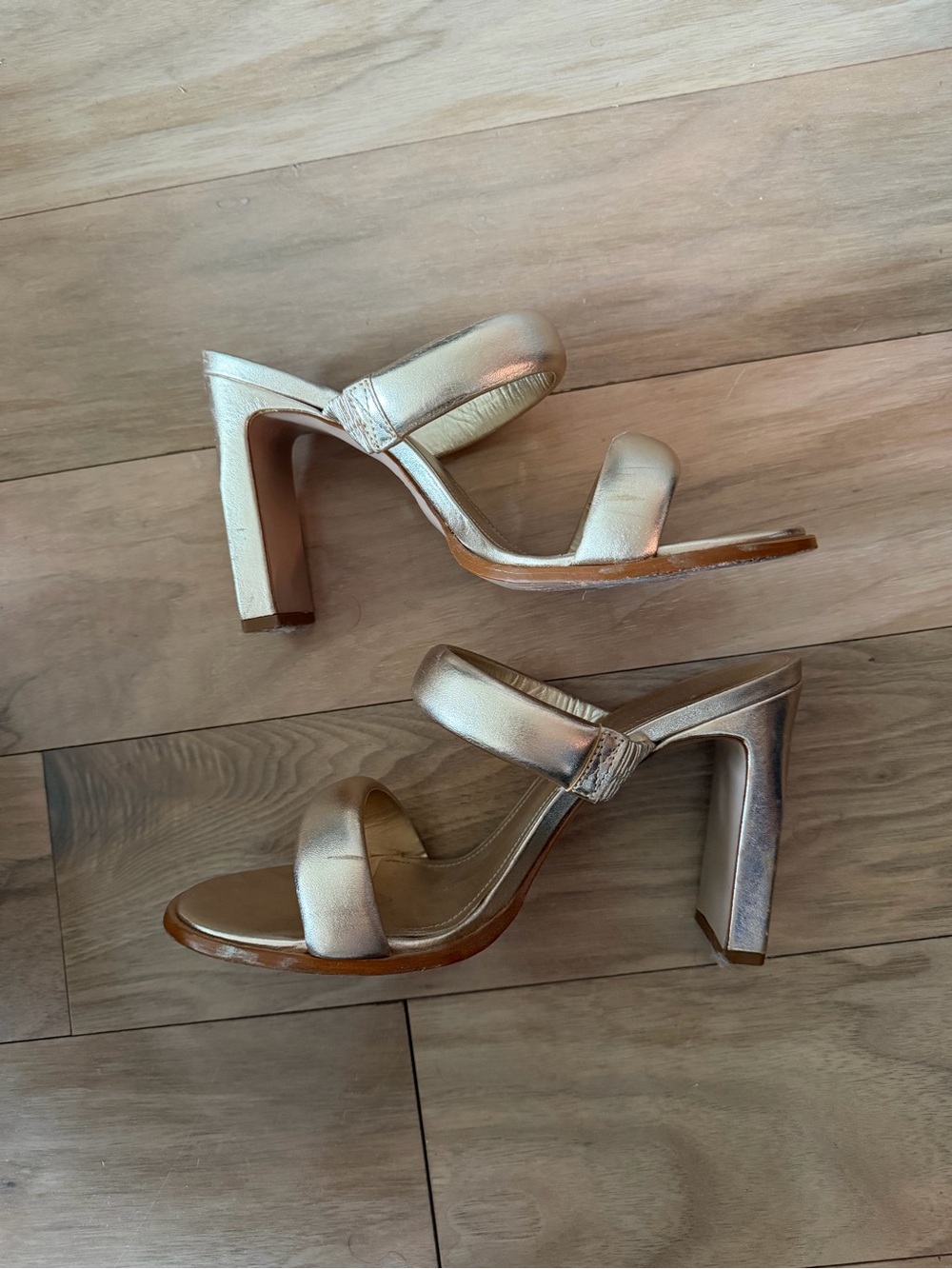 SCHUTZ Metallic Gold Strappy Block Heel Sandals
